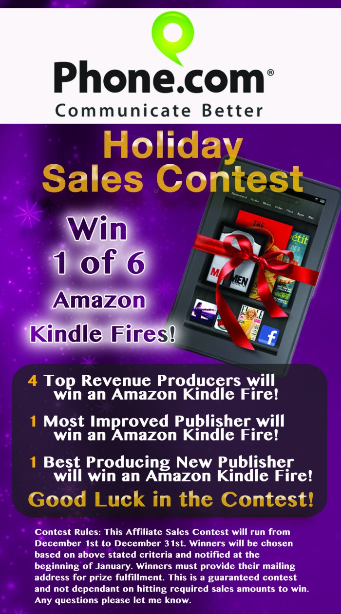 win amazon kindle fires in phone coms holiday affiliate sales sales contest flyer