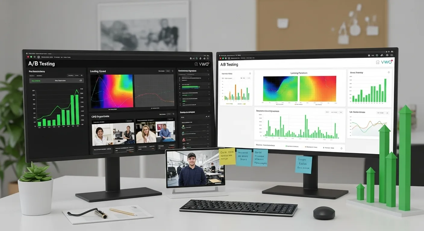Conversion Rate Optimization lab workspace showing A/B testing dashboards, heatmaps, and funnel analysis tools for data-driven website optimization