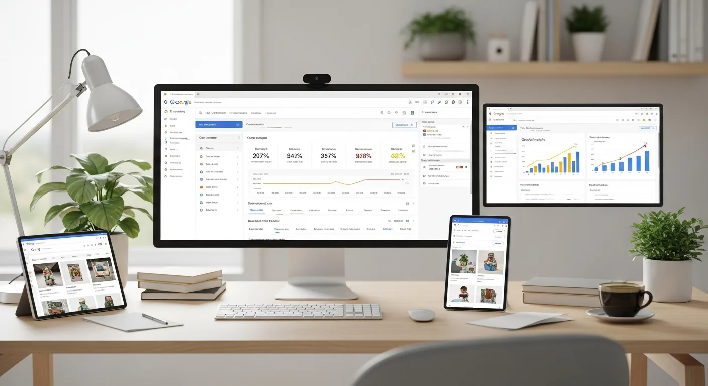 Google Ads campaign management workspace showing Search, Shopping, and Display advertising dashboards with performance metrics and keyword analysis