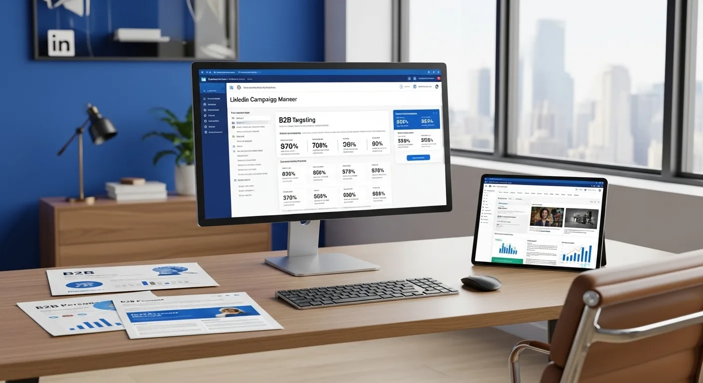 LinkedIn Ads B2B marketing workspace showing professional campaign management dashboard with lead generation metrics and account targeting options