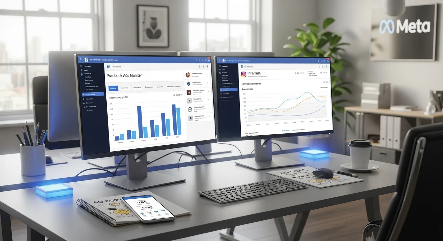 Meta Ads Marketing Workspace showing Facebook and Instagram campaign management dashboard with targeting options and performance analytics