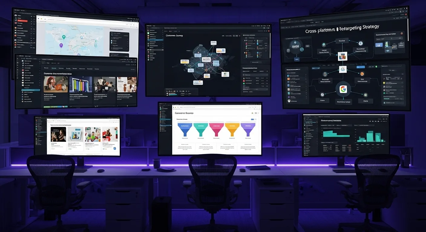 Retargeting operations center showing multi-platform remarketing dashboard with dynamic ad campaigns, audience segmentation, and cart recovery analytics