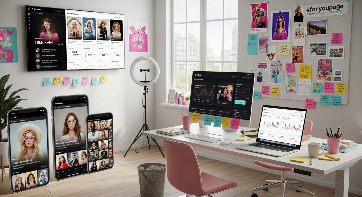 TikTok Ads marketing workspace showing viral campaign management dashboard with creative performance metrics and audience insights