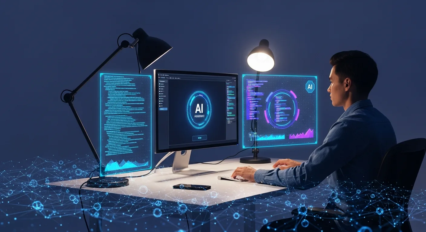 AI coding workspace with futuristic interface