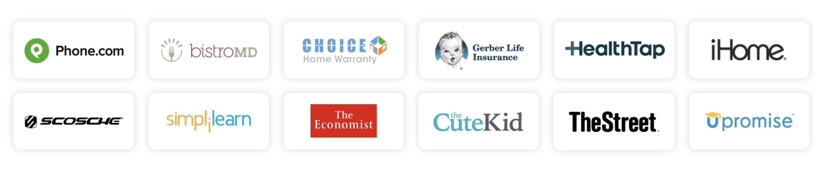 Client logos including Phone.com, bistroMD, Choice Home Warranty, Gerber Life Insurance, HealthTap, iHome, Scosche, Simplilearn, The Economist, CitieKid, TheStreet, and Upromise