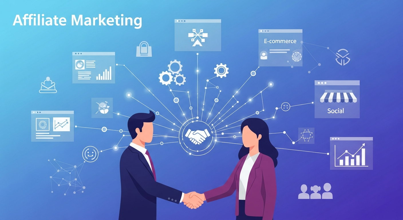 Professional affiliate partnership illustration showing business collaboration and digital marketing network