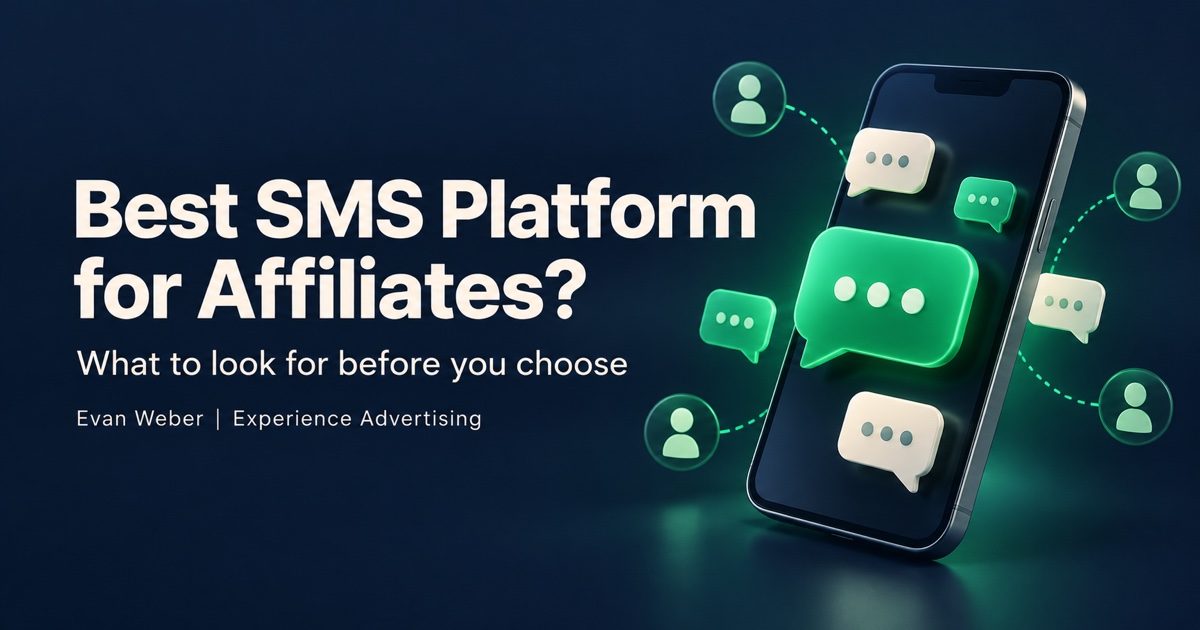SMS platform selection guide for affiliates with a smartphone and message bubbles connecting audience icons.